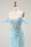 Sparkly Blue Corset Mermaid Off the Shoulder Long Prom Dress with Slit