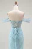 Sparkly Blue Corset Mermaid Off the Shoulder Long Prom Dress with Slit