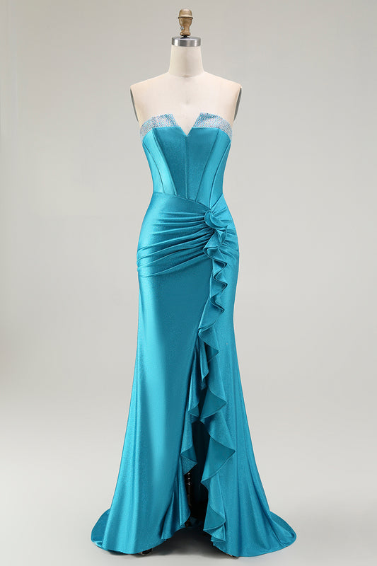 Sparkly Blue Strapless Corset Mermaid Long Prom Dress with Ruffles