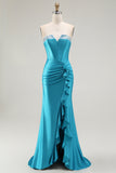 Sparkly Blue Strapless Corset Mermaid Long Prom Dress with Ruffles