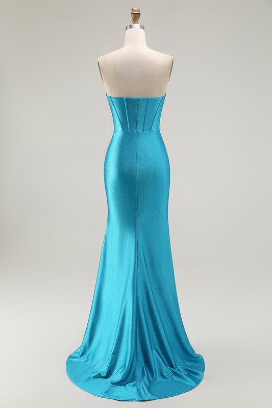 Sparkly Blue Strapless Corset Mermaid Long Prom Dress with Ruffles