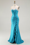 Sparkly Blue Strapless Corset Mermaid Long Prom Dress with Ruffles