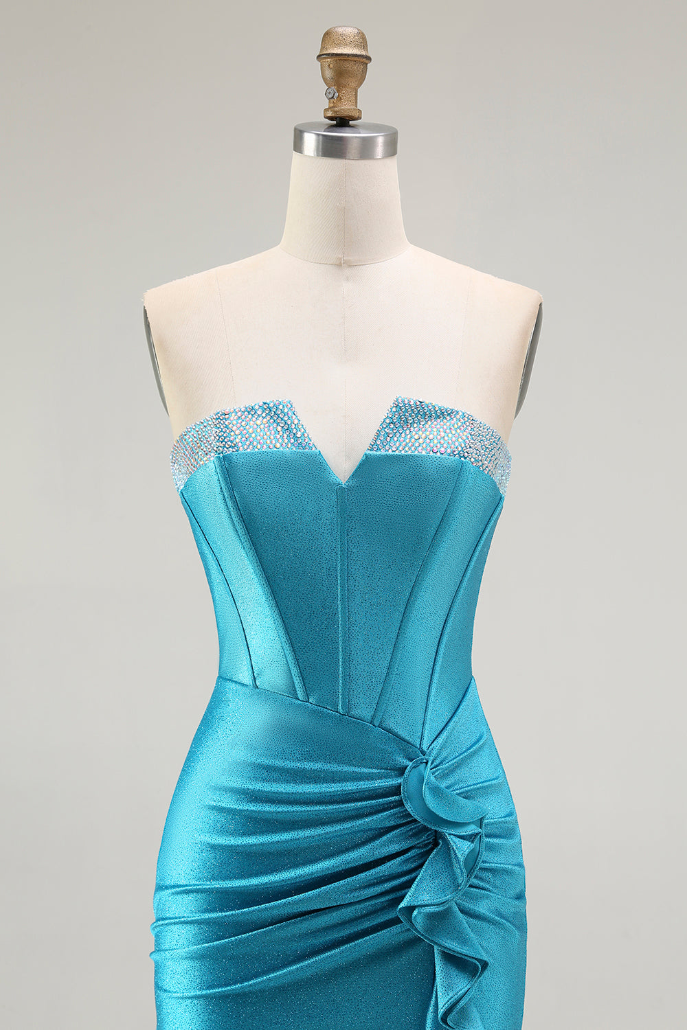 Sparkly Blue Strapless Corset Mermaid Long Prom Dress with Ruffles