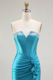 Sparkly Blue Strapless Corset Mermaid Long Prom Dress with Ruffles