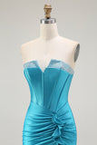 Sparkly Blue Strapless Corset Mermaid Long Prom Dress with Ruffles