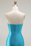 Sparkly Blue Strapless Corset Mermaid Long Prom Dress with Ruffles