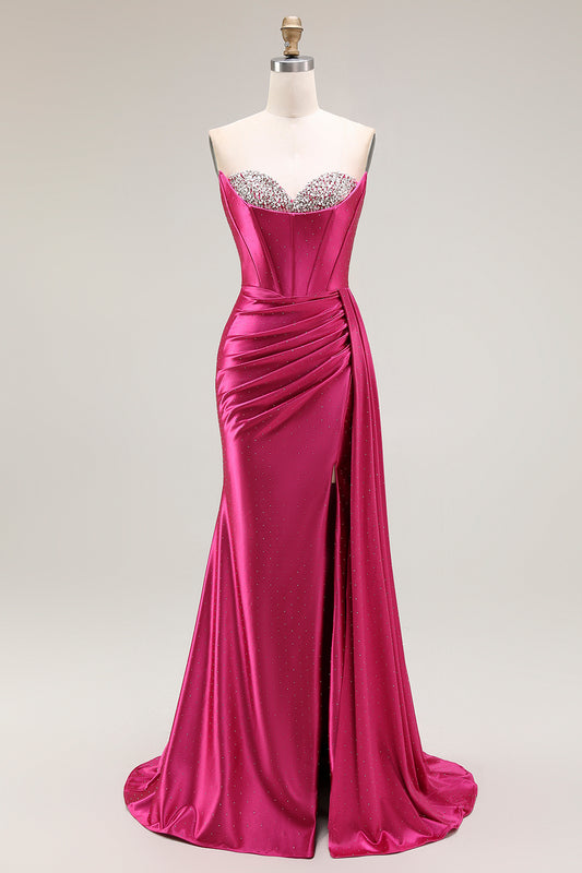 Sparkly Fuchsia Mermaid Strapless Corset Ruched Long Prom Dress