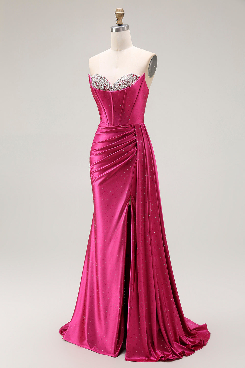 Sparkly Fuchsia Mermaid Strapless Corset Ruched Long Prom Dress