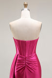 Sparkly Fuchsia Mermaid Strapless Corset Ruched Long Prom Dress