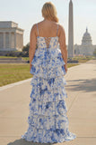 White Blue Flower A Line Ruffled Corset Long Prom Dress with Slit