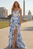 White Blue Flower A Line Ruffled Corset Long Prom Dress with Slit