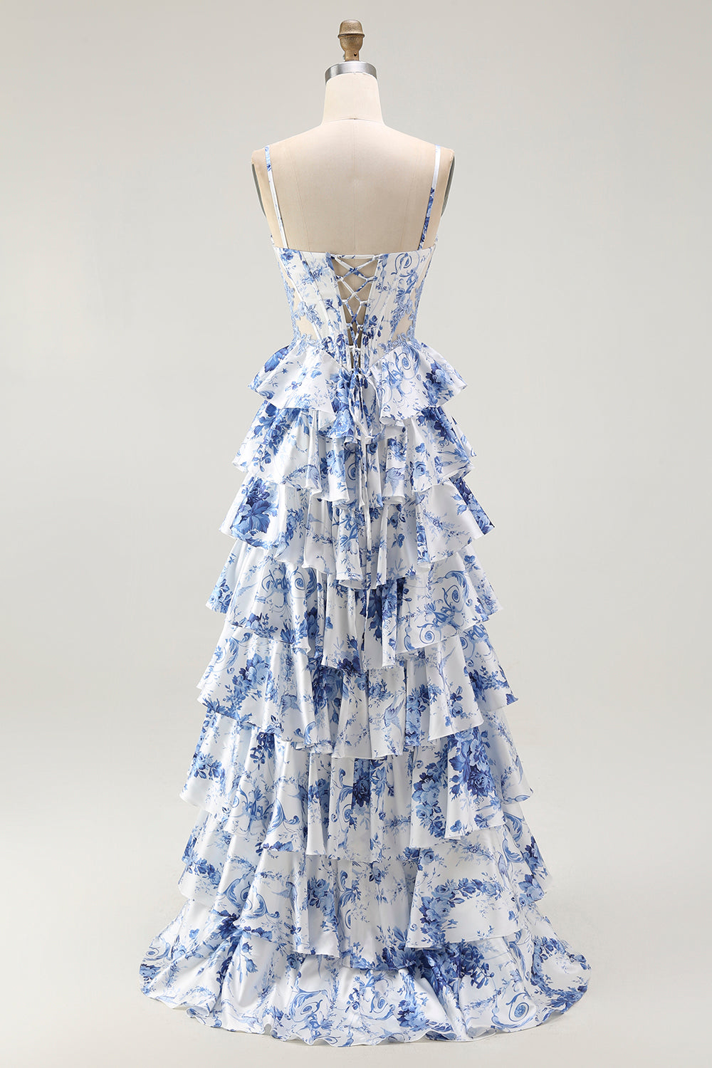 White Blue Flower A Line Ruffled Corset Long Prom Dress with Slit