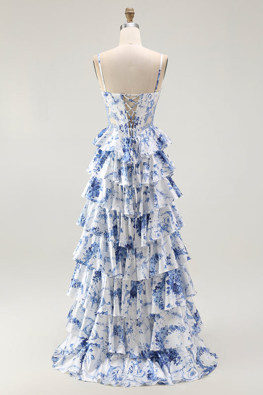 White Blue Flower A Line Ruffled Corset Long Prom Dress with Slit