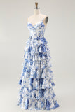 White Blue Flower A Line Ruffled Corset Long Prom Dress with Slit