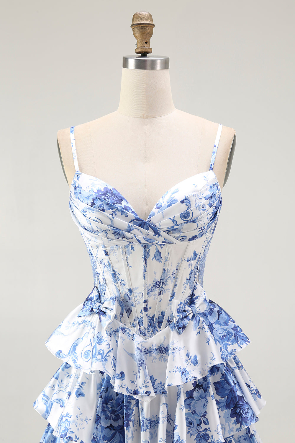 White Blue Flower A Line Ruffled Corset Long Prom Dress with Slit