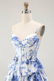 White Blue Flower A Line Ruffled Corset Long Prom Dress with Slit