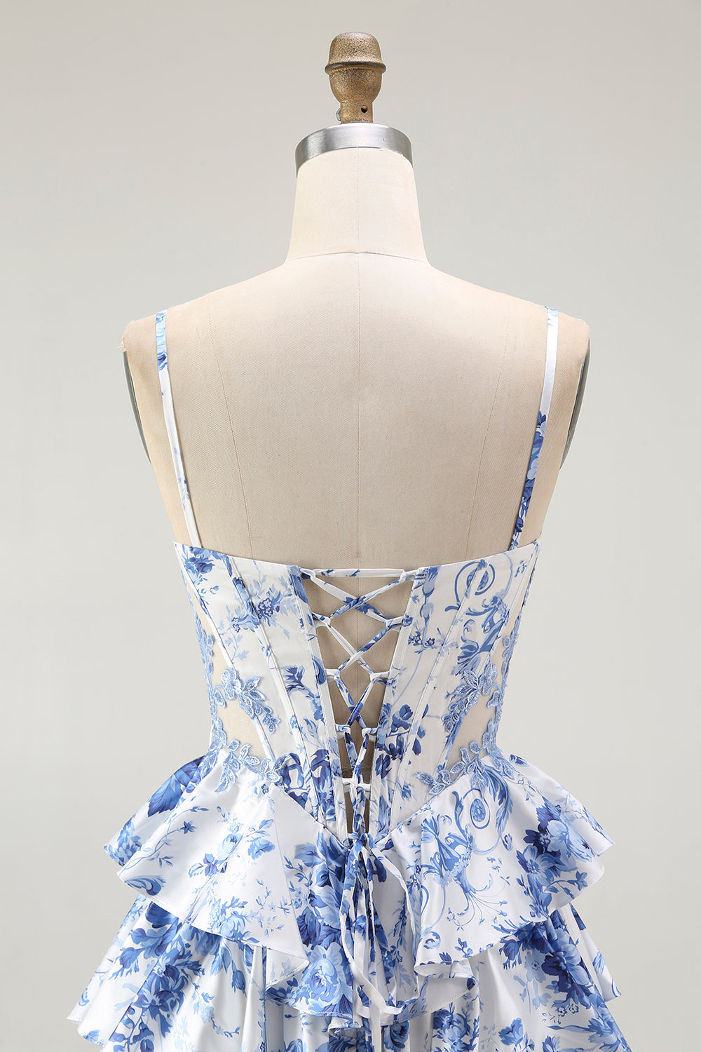 White Blue Flower A Line Ruffled Corset Long Prom Dress with Slit