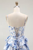 White Blue Flower A Line Ruffled Corset Long Prom Dress with Slit