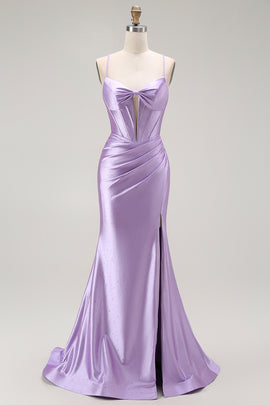Sparkly Purple Corset Mermaid Spaghetti Straps Long Prom Dress with Slit