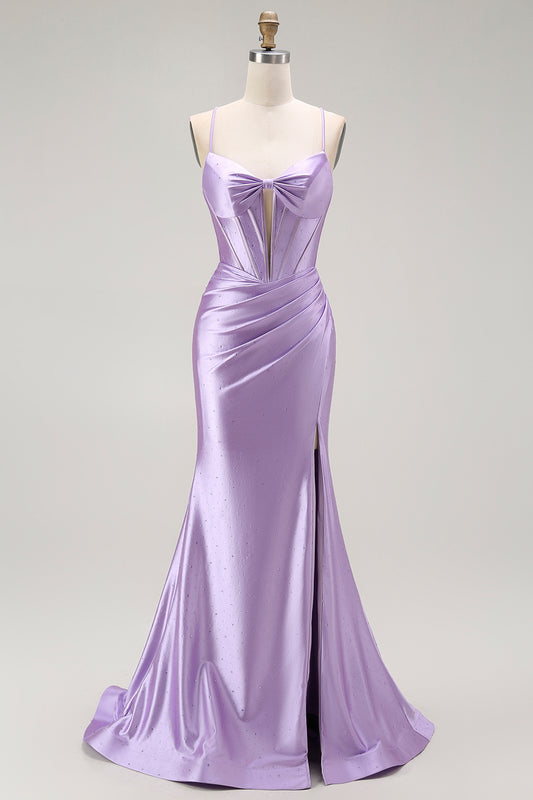 Sparkly Purple Corset Mermaid Spaghetti Straps Long Prom Dress with Slit