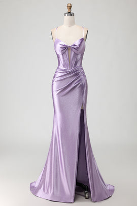 Sparkly Purple Long Beaded Corset Prom Dress with Slit