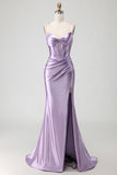 Sparkly Purple Long Beaded Corset Prom Dress with Slit