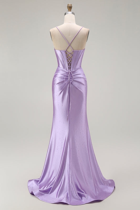 Sparkly Purple Corset Mermaid Spaghetti Straps Long Prom Dress with Slit
