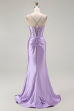Sparkly Purple Corset Mermaid Spaghetti Straps Long Prom Dress with Slit