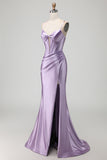 Sparkly Purple Long Beaded Corset Prom Dress with Slit