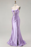 Sparkly Purple Corset Mermaid Spaghetti Straps Long Prom Dress with Slit