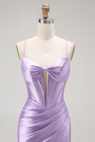 Sparkly Purple Corset Mermaid Spaghetti Straps Long Prom Dress with Slit