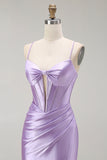 Sparkly Purple Corset Mermaid Spaghetti Straps Long Prom Dress with Slit