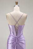 Sparkly Purple Corset Mermaid Spaghetti Straps Long Prom Dress with Slit