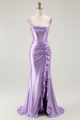Sparkly Purple Corset Mermaid Beaded Long Prom Dress with Slit
