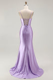 Sparkly Purple Corset Mermaid Beaded Long Prom Dress with Slit