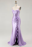 Sparkly Purple Corset Mermaid Beaded Long Prom Dress with Slit