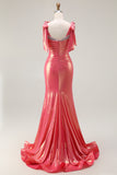 Sparkly Coral Beaded Mermaid Metallic Long Prom Dress with Slit