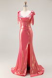 Sparkly Coral Beaded Mermaid Metallic Long Prom Dress with Slit