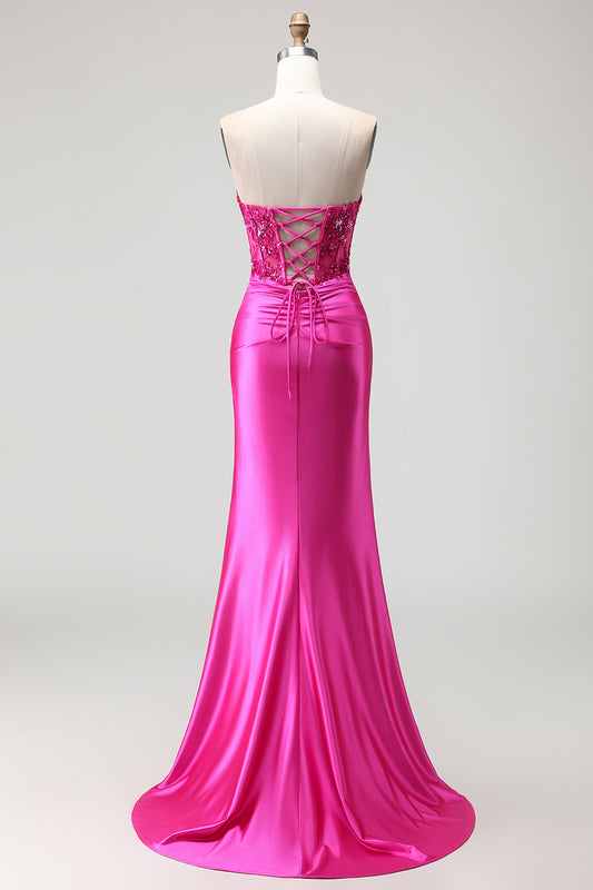 Sparkly Fuchsia Long Corset Mermaid Prom Dress with Sequins