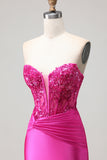 Sparkly Fuchsia Long Corset Mermaid Prom Dress with Sequins