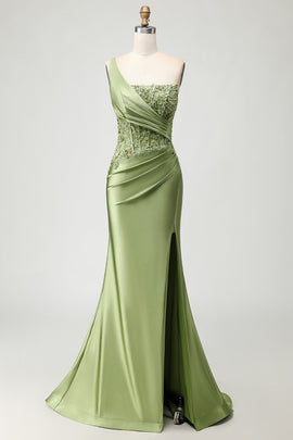 Sparkly Green Long Corset Mermaid Prom Dress with Slit