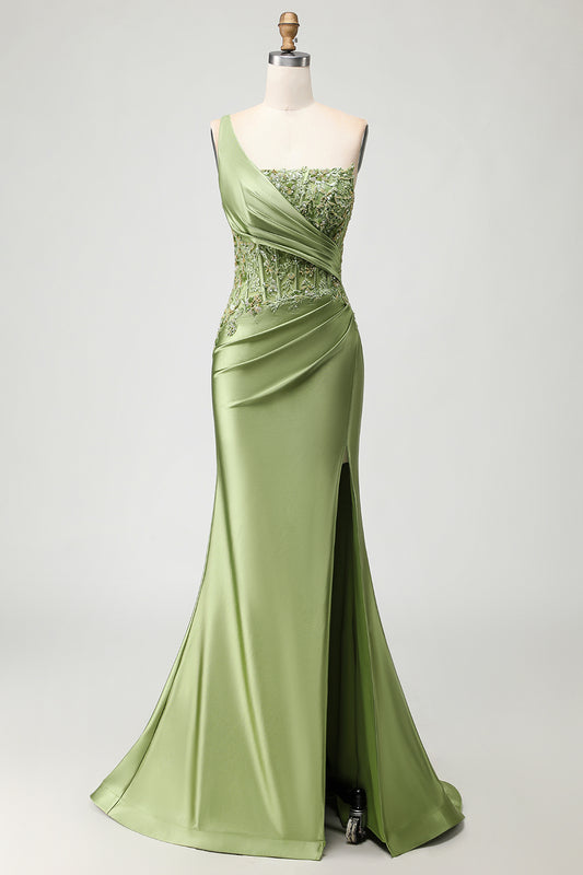 Sparkly Green Long Corset Mermaid Prom Dress with Slit