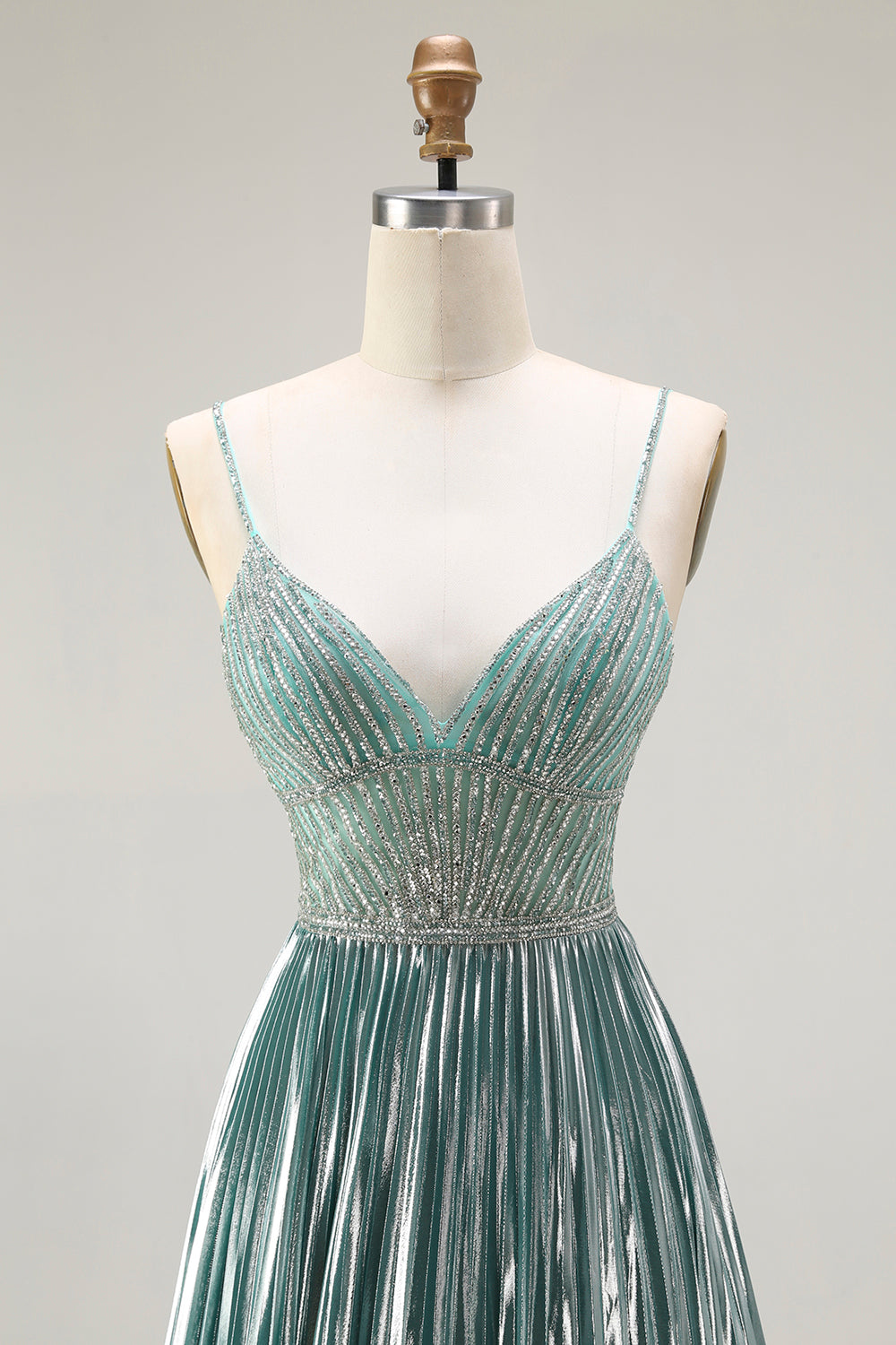 Sparkly Grey Green Metallic A Line Corset Long Prom Dress with Slit