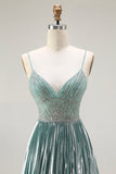 Sparkly Grey Green Metallic A Line Corset Long Prom Dress with Slit