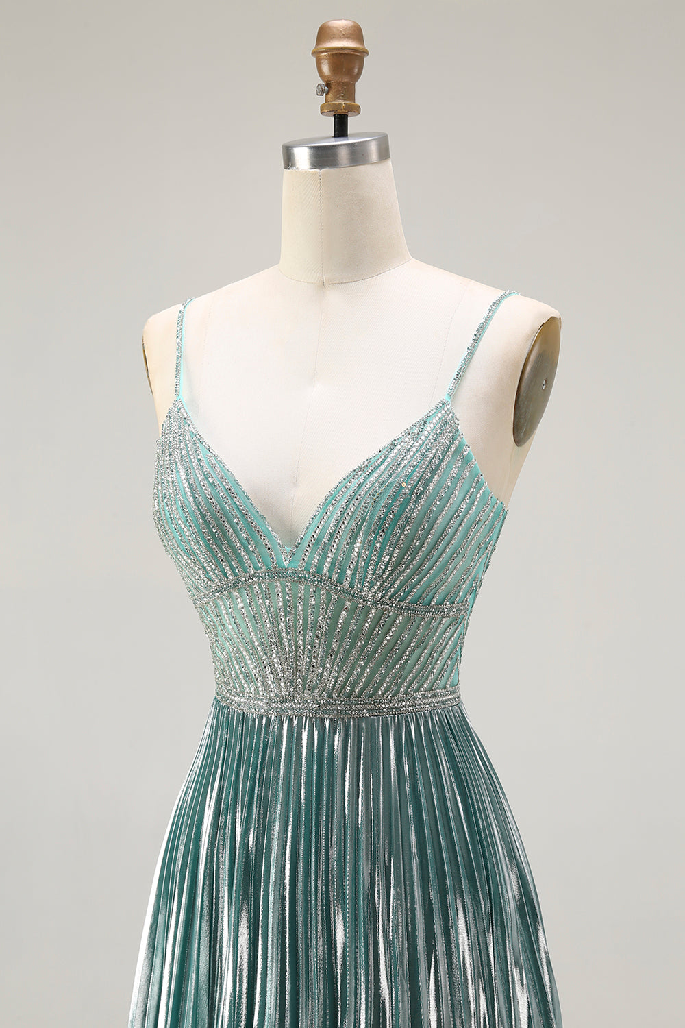 Sparkly Grey Green Metallic A Line Corset Long Prom Dress with Slit