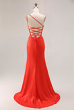 Orange One Shoulder Ruched Mermaid Long Prom Dress with Slit