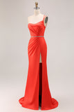 Orange One Shoulder Ruched Mermaid Long Prom Dress with Slit