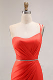 Orange One Shoulder Ruched Mermaid Long Prom Dress with Slit
