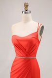 Orange One Shoulder Ruched Mermaid Long Prom Dress with Slit