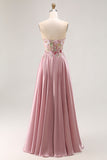Sparkly Grey Pink Corset Floral A Line Long Prom Dress